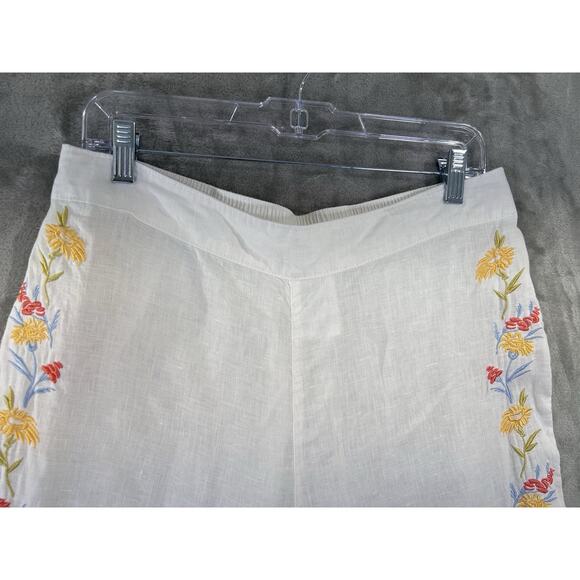 Calypso St. Barth White Linen Pants Straight Leg Embroidered Flowers L Beach - Picture 2 of 7
